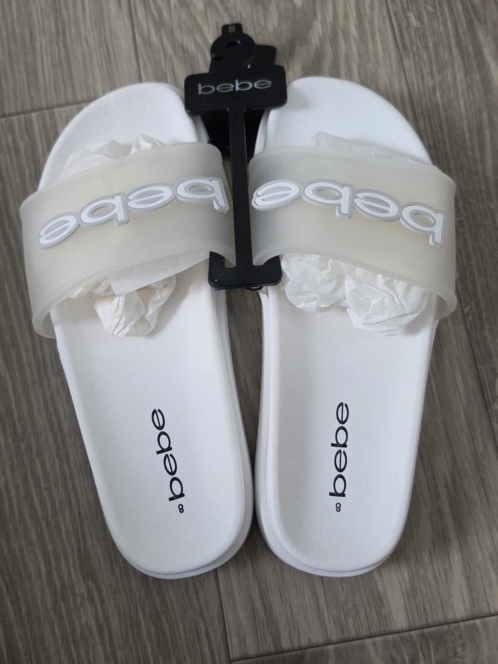 bebe White Slide Sandals with Translucent Ivory Strap